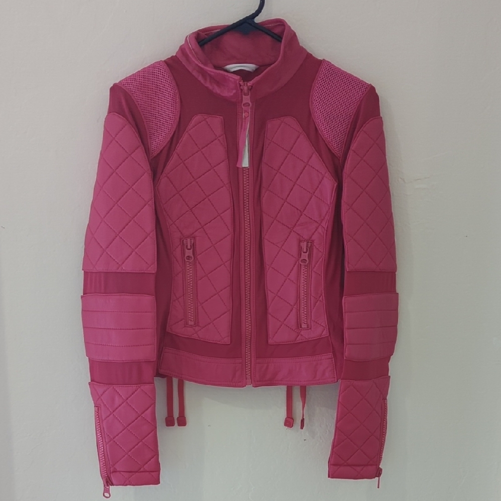 🩷Blanc Noir Pink & Raspberry Lamb Leather Quilted Moto Jacket🩷